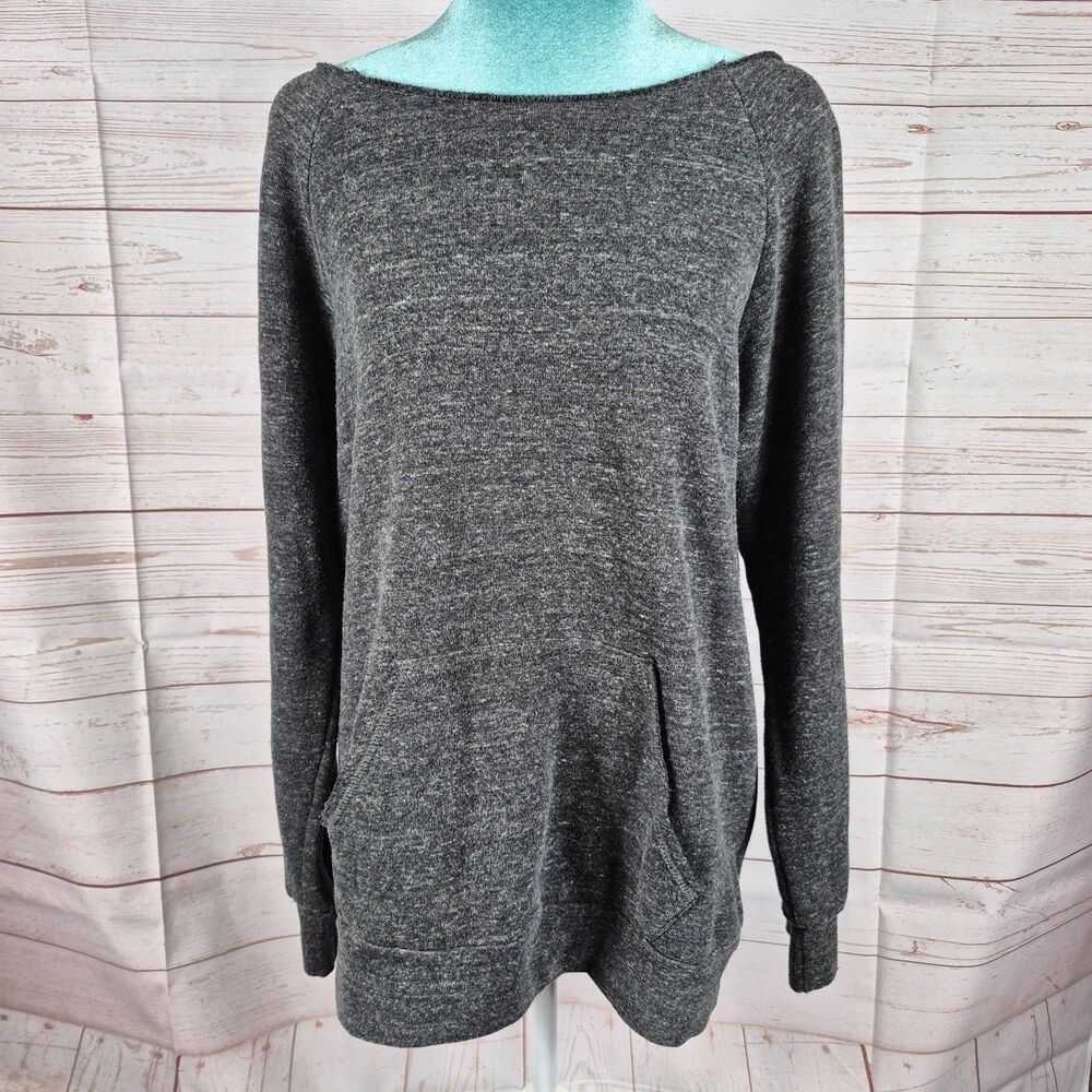 RWB Gray Sweatshirt Womens Sz Large Raw Neckline Kangaroo Pocket USA Flag Patch